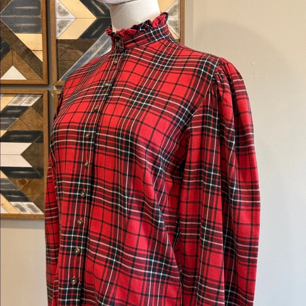 Vintage Ralph Lauren Red and Black Plaid Button-Front Puff Sleeve Top size 8